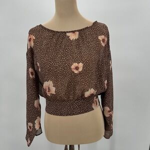 HM Brown Floral Sheer Open Back Tie Waist Blouse Top Womens Size 6 07355309